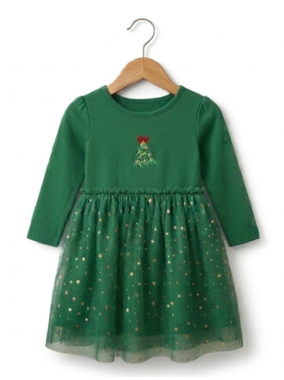 Girls 3T Green Christmas Tree Holiday Dress Gold Star Tulle Long Sleeve